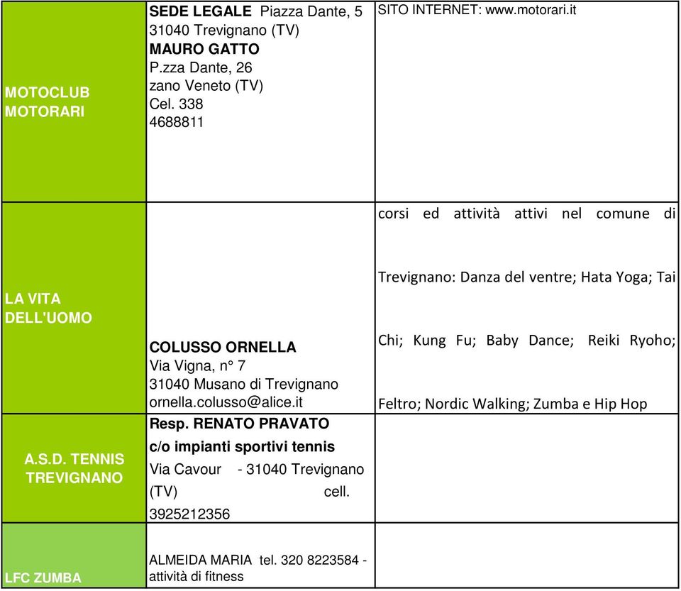 colusso@alice.it Resp. RENATO PRAVATO c/o impianti sportivi tennis Via Cavour - 31040 Trevignano (TV) 3925212356 cell.