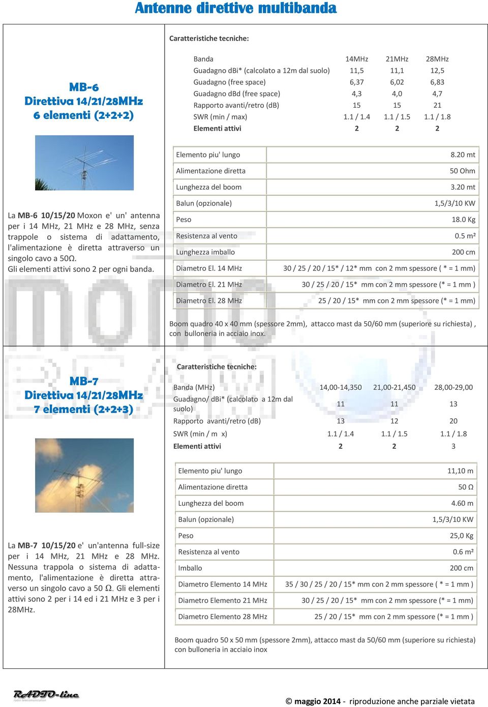 20 mt La MB-6 10/15/20 Moxon e' un' antenna per i 14 MHz, 21 MHz e 28 MHz, senza trappole o sistema di adattamento, l'alimentazione è diretta attraverso un singolo cavo a 50Ω.