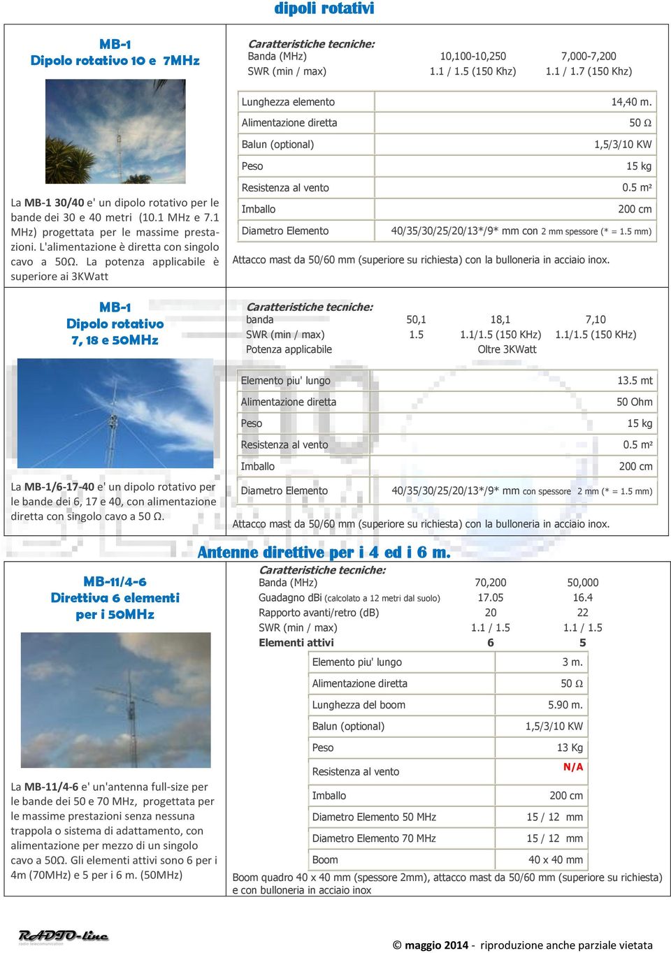 La potenza applicabile è superiore ai 3KWatt MB-1 Dipolo rotativo 7, 18 e 50MHz Resistenza al vento 0.5 m² Diametro Elemento 40/35/30/25/20/13*/9* mm con 2 mm spessore (* = 1.