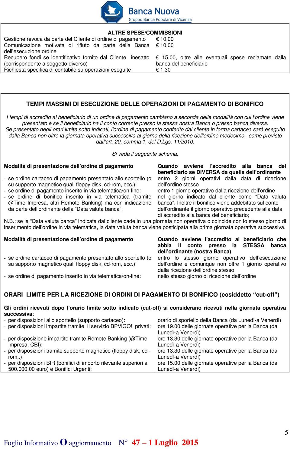 eseguite 1,30 TEMPI MASSIMI DI ESECUZIONE DELLE OPERAZIONI DI PAGAMENTO DI BONIFICO I tempi di accredito al beneficiario di un ordine di pagamento cambiano a seconda delle modalità con cui l ordine