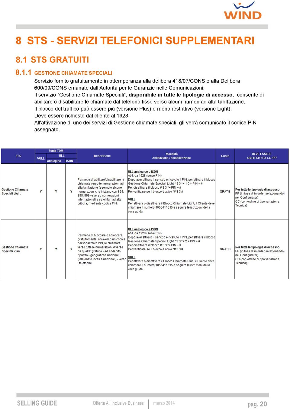 1 GESTIONE CHIAMATE SPECIALI Servizio fornito gratuitamente in ottemperanza alla delibera 418/07/CONS e alla Delibera 600/09/CONS emanate dall Autorità per le Garanzie nelle