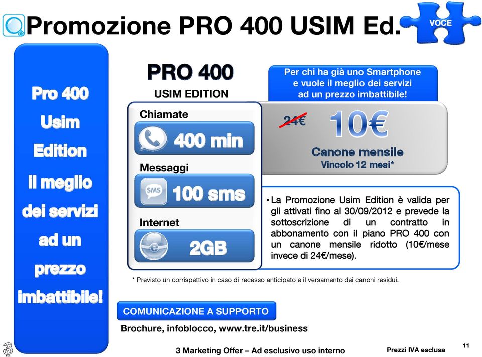 24 Messaggi Internet La Promozione Usim Edition è valida per gli attivati fino al 30/09/2012 e prevede la sottoscrizione di un