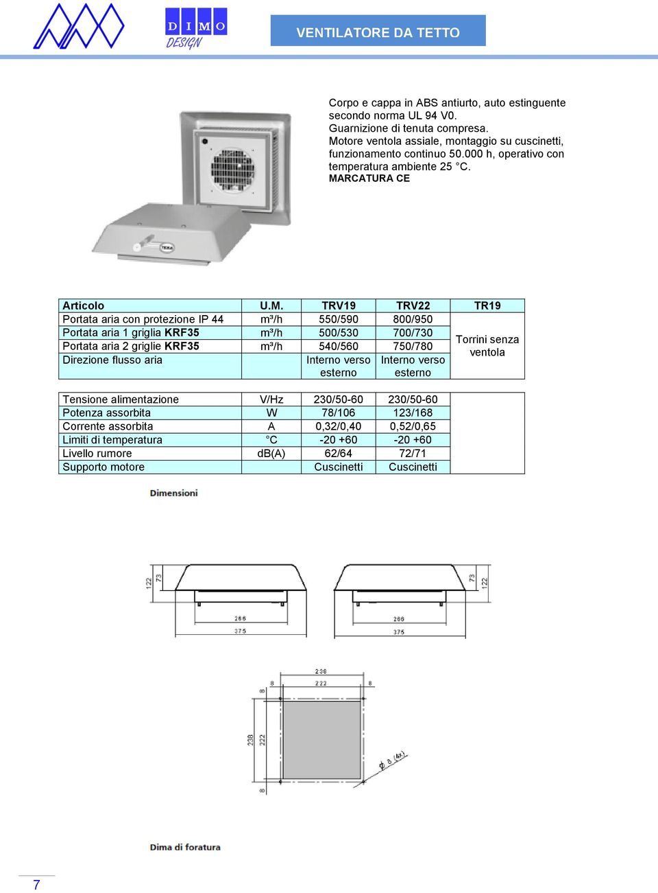 protezione IP 44 m³/h 550/590 800/950 Portata aria 1 griglia KRF35 m³/h 500/530 700/730 Torrini senza Portata aria 2 griglie KRF35 m³/h 540/560 750/780 ventola Direzione flusso aria Interno