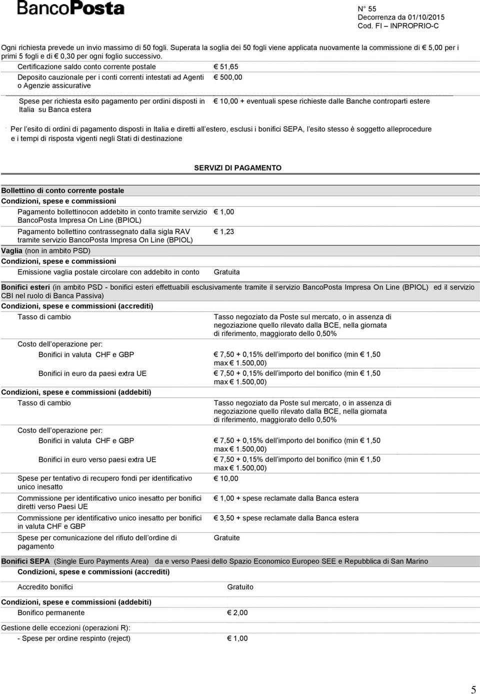 10,00 + eventuali spese richieste dalle Banche controparti estere Italia su Banca estera P P Per l esito di ordini di pagamento disposti in Italia e diretti all estero, esclusi i bonifici SEPA, l