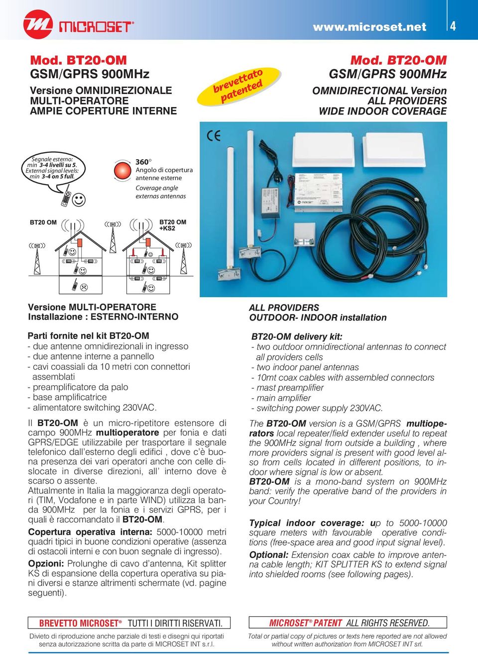 360 Angolo di copertura antenne esterne Coverage angle externas antennas Versione MULTI-OPERATORE Installazione : ESTERNO-INTERNO Parti fornite nel kit BT20-OM - due antenne omnidirezionali in