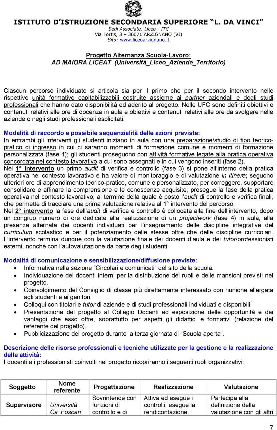 Nelle UFC sono definiti obiettivi e contenuti relativi alle ore di docenza in aula e obiettivi e contenuti relativi alle ore da svolgere nelle aziende o negli studi professionali esplicitati.