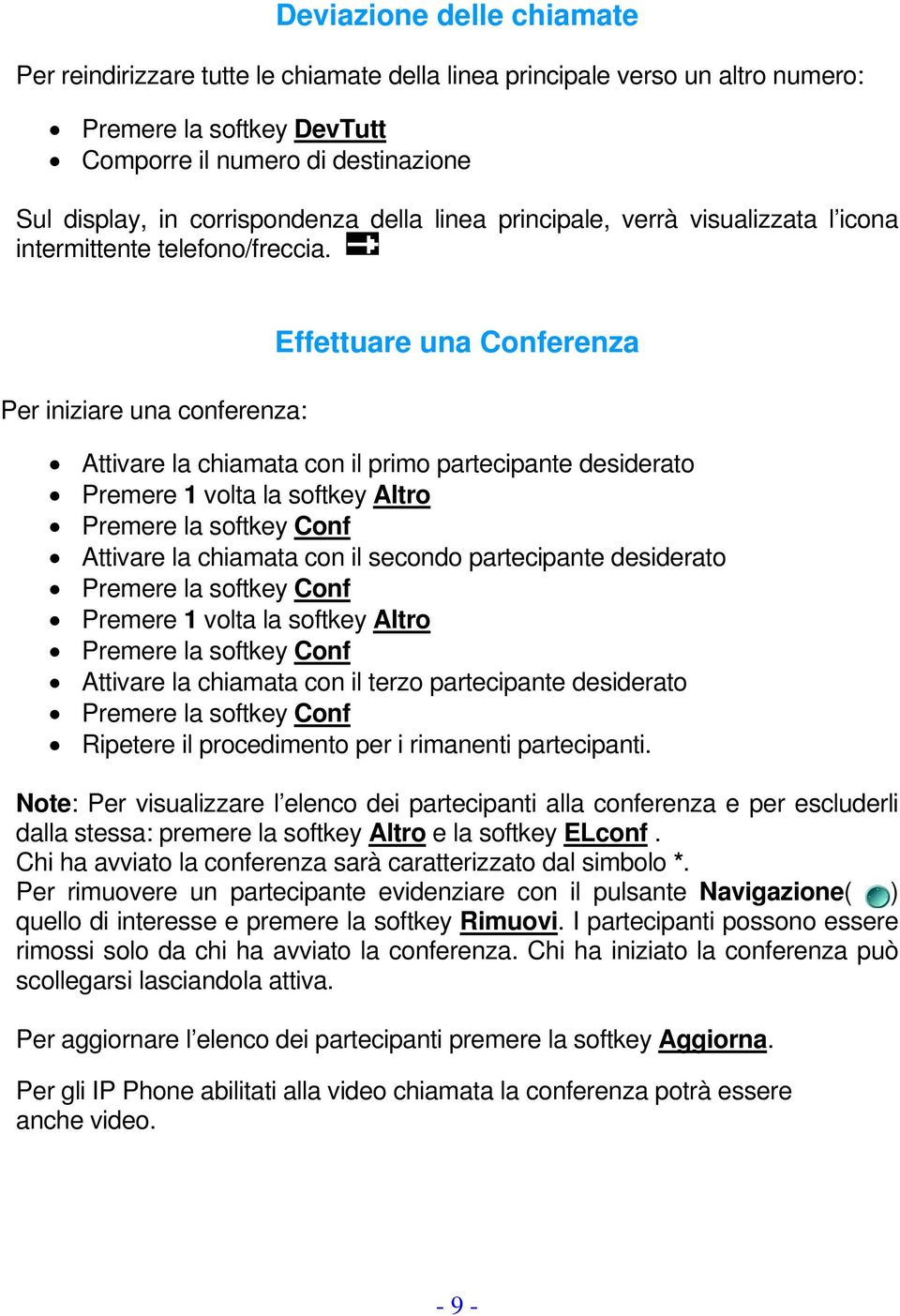 Per iniziare una conferenza: Effettuare una Conferenza Attivare la chiamata con il primo partecipante desiderato Premere 1 volta la softkey Altro Premere la softkey Conf Attivare la chiamata con il