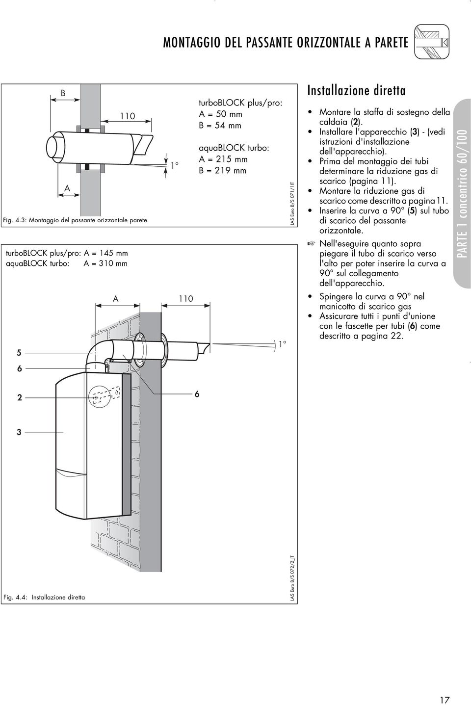 LAS Euro B/S 071/1IT Installazione diretta Montare la staffa di sostegno della caldaia (2). Installare l'apparecchio (3) - (vedi istruzioni d'installazione dell'apparecchio).