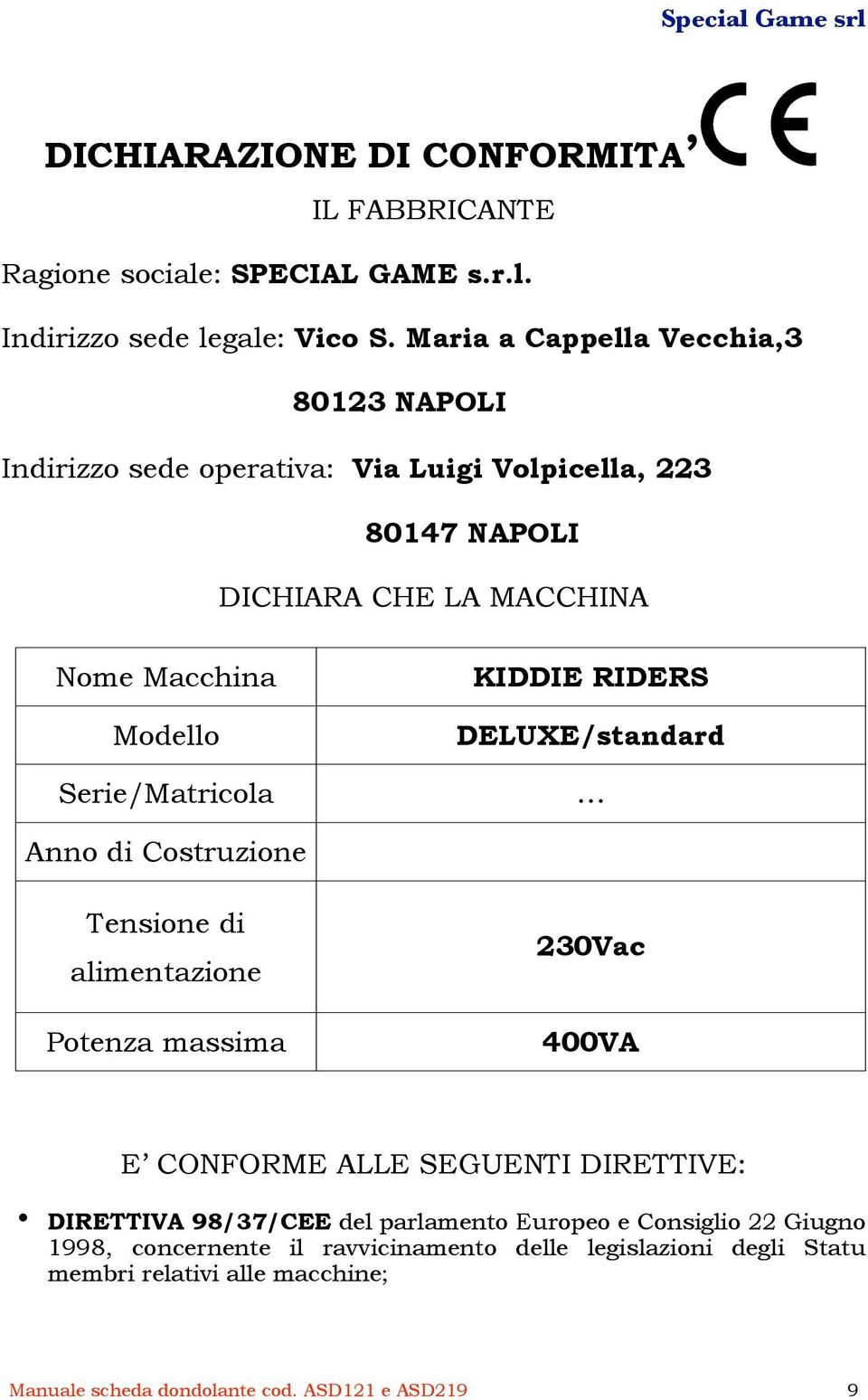 Serie/Matricola KIDDIE RIDERS DELUXE/standard Anno di Costruzione Tensione di alimentazione Potenza massima 230Vac 400VA E CONFORME ALLE SEGUENTI DIRETTIVE: