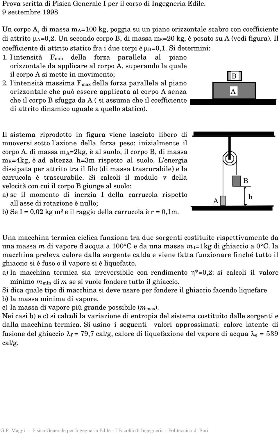 l'intensità F min della forza parallela al piano orizzontale da applicare al corpo A, superando la quale il corpo A si mette in movimento; B 2.