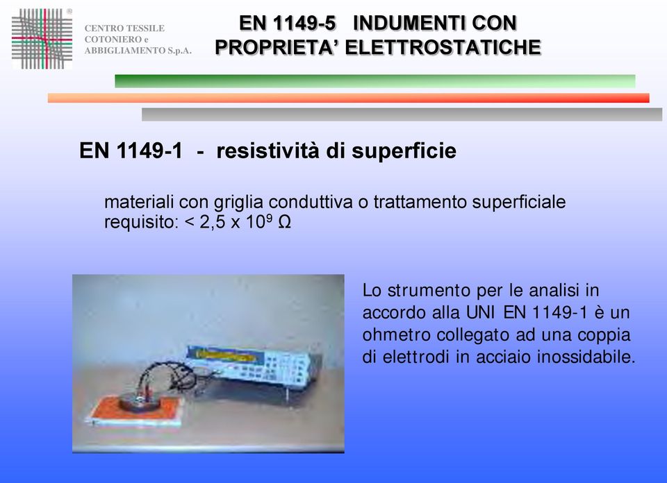 Lo strumento per le analisi in accordo alla UNI EN 1149-1 è un