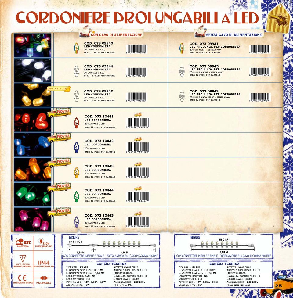 073 09945 Led PROLUnGa PeR cordoniera 20 luci bianche - senza cavo Led LUce calda cod. 073 09942 Led cordoniera 20 lampade a led cod.