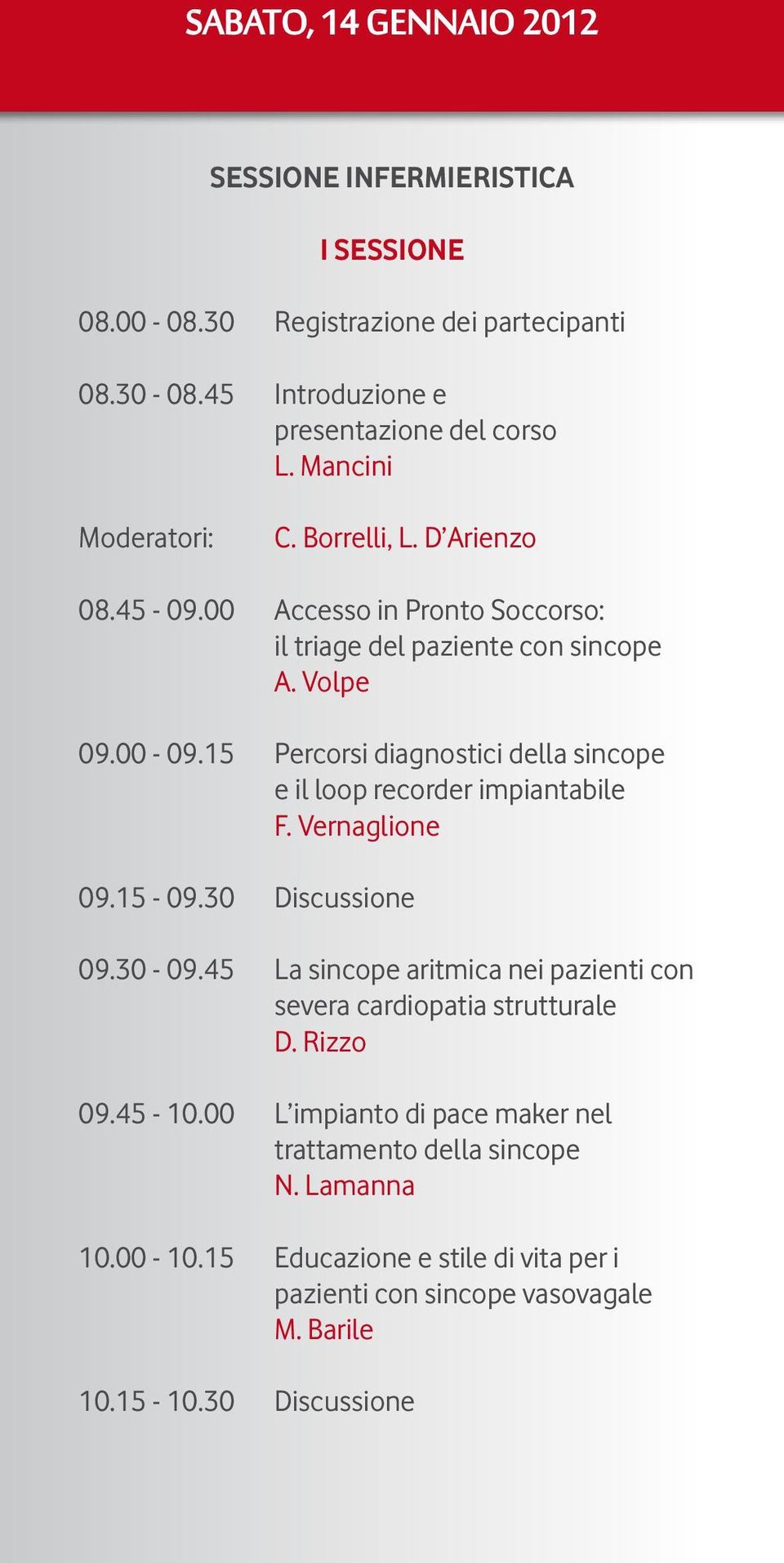 15 Percorsi diagnostici della sincope e il loop recorder impiantabile F. Vernaglione 09.15-09.30 Discussione 09.30-09.