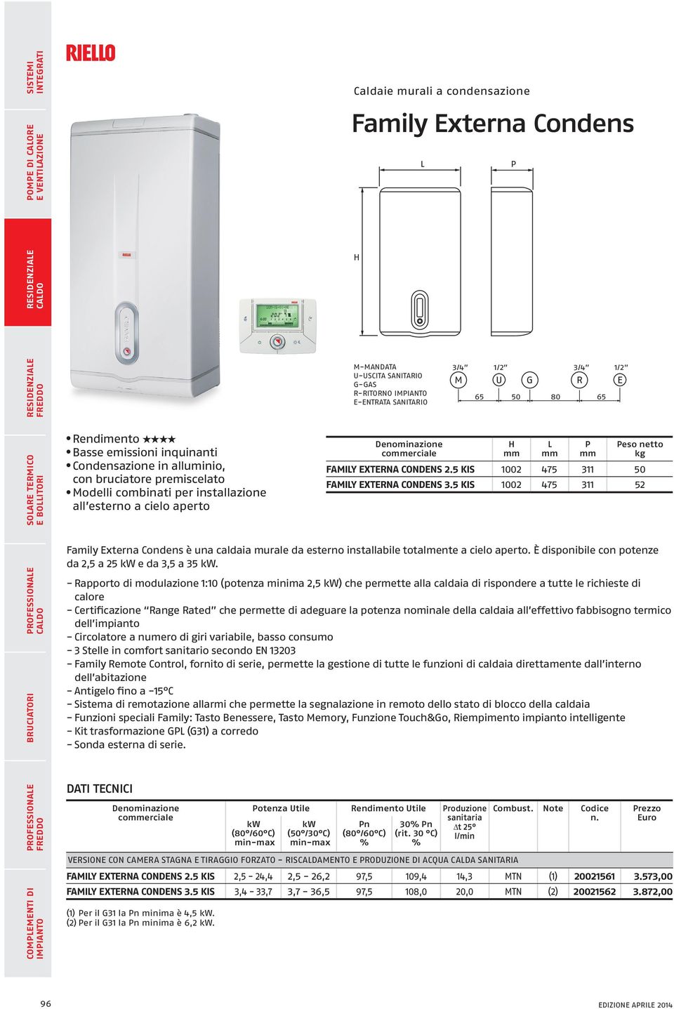 5 KIS 1002 475 311 50 FAMIY EXTERNA CONDENS 3.5 KIS 1002 475 311 52 Family Externa Condens è una caldaia murale da esterno installabile totalmente a cielo aperto.