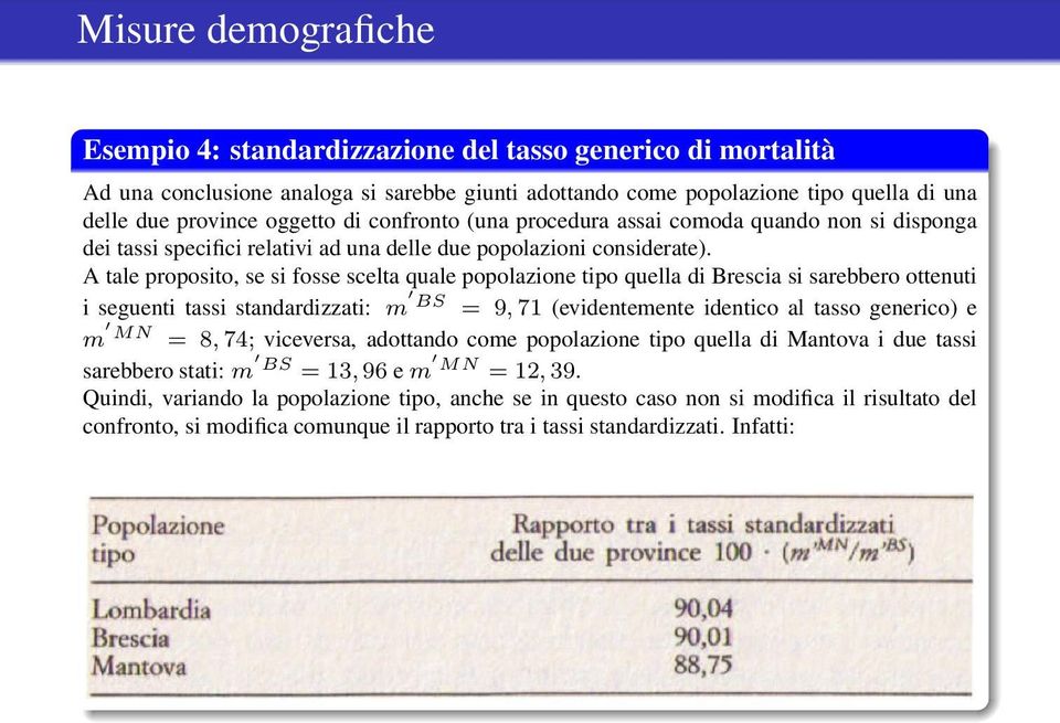A tale proposito, se si fosse scelta quale popolazione tipo quella di Brescia si sarebbero ottenuti i seguenti tassi standardizzati: m BS = 9, 71 (evidentemente identico al tasso generico) e m MN =