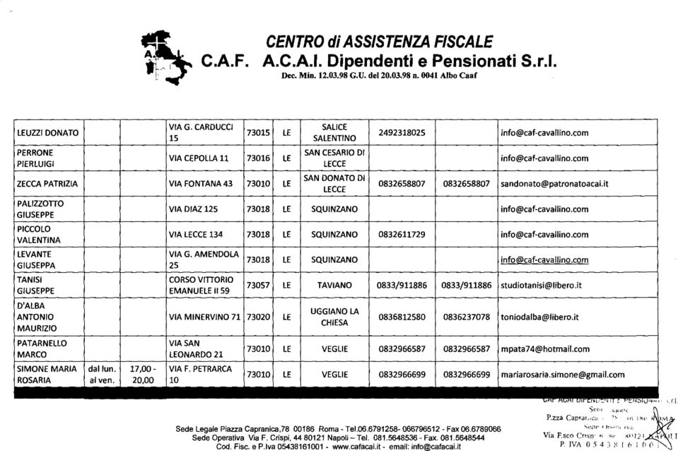 SIMONE MARIA ROSARIA 17,00- SALICE SALENTINO SAN CESARIO DI LECCE SAN DONATO DI LECCE 2492318025 info@caf-cavallino.com info@caf-cavallino.com 0832658807 0832658807 sandonato@patronatoacai.