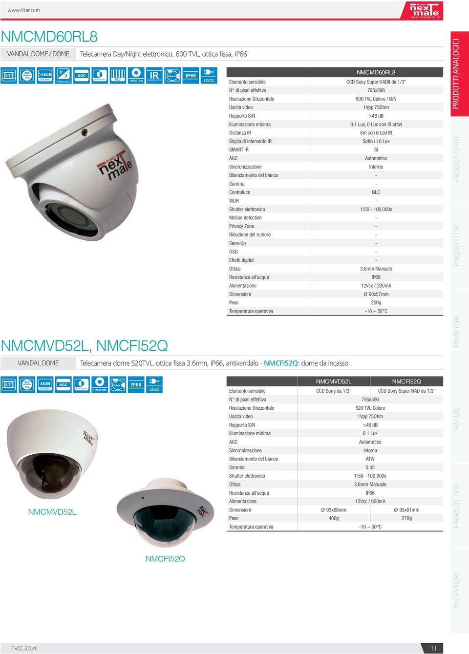 1 Lux, 0 Lux con IR attivi Distanza IR 8m con 6 Led IR Soglia di intervento IR Sotto i 10 Lux SMART IR Si AGC Automatico Sincronizzazione Interna Bilanciamento del bianco - Gamma - Controluce BLC WDR