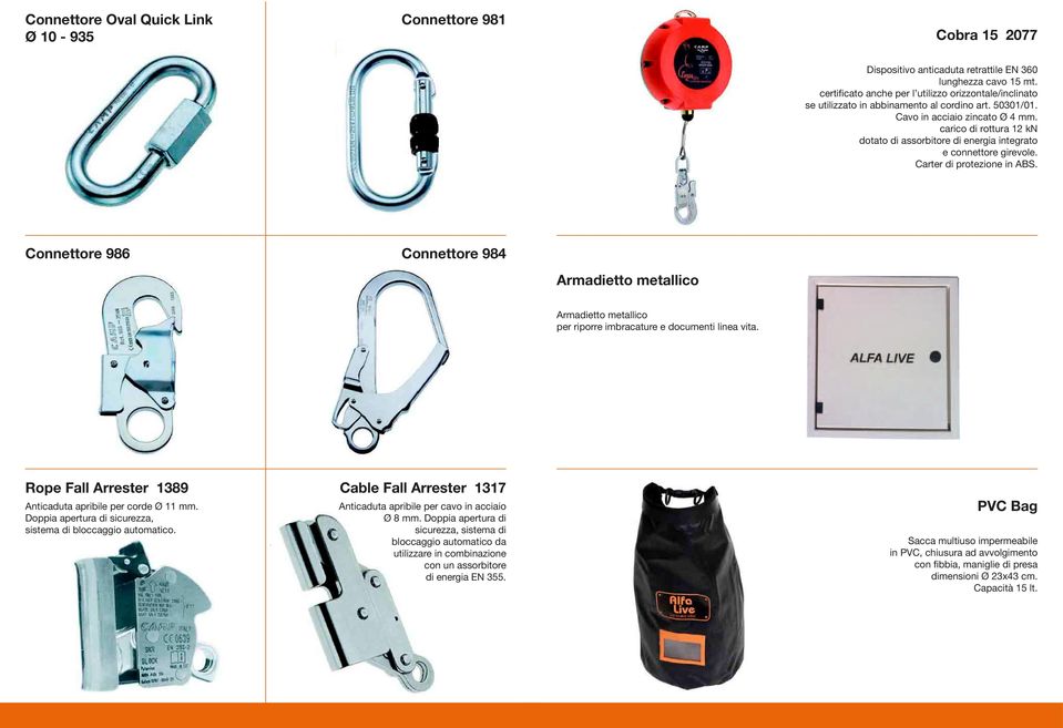 carico di rottura 12 kn dotato di assorbitore di energia integrato e connettore girevole. Carter di protezione in ABS.