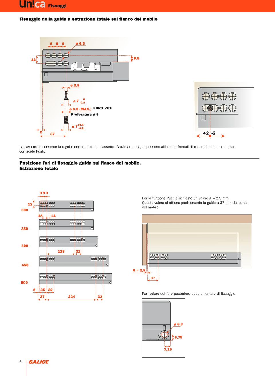 Posizione fori di fissaggio guida sul fianco del mobile. Estrazione totale 300 12 9 9 9 18 14 Per la funzione Push è richiesto un valore A = 2,5 mm.