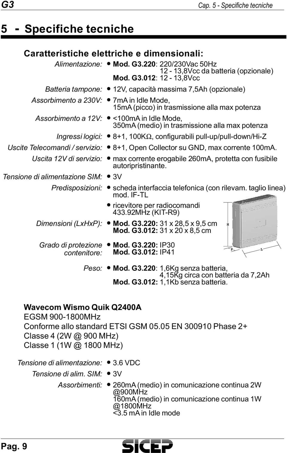 Idle Mode, 350mA (me dio) in tra smis sio ne alla max po ten za Ingressi logici: 8+1, 100KΩ, configurabili pull-up/pull-down/hi-z Uscite Telecomandi / servizio: 8+1, Open Col lec tor su GND, max cor