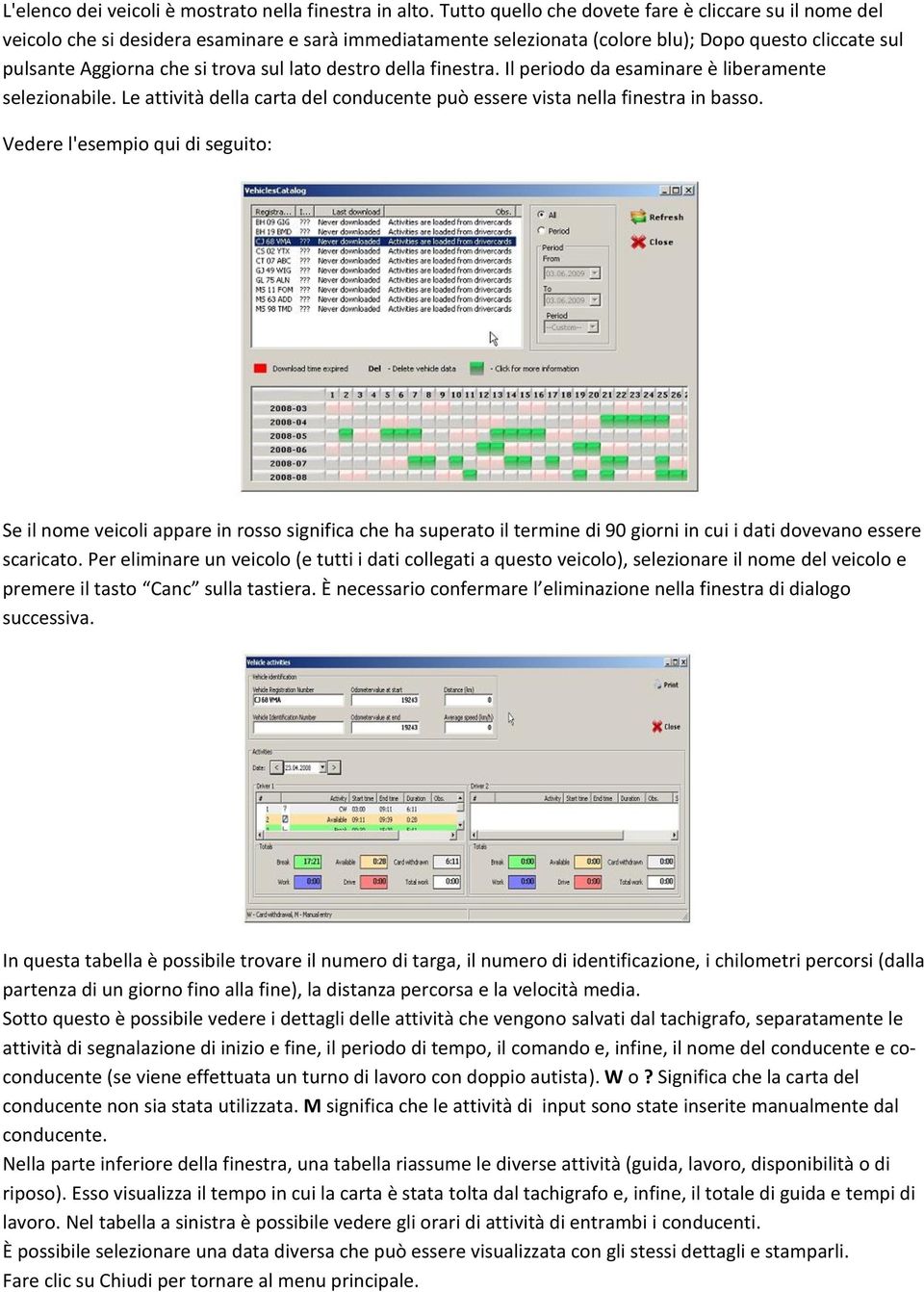 lato destro della finestra. Il periodo da esaminare è liberamente selezionabile. Le attività della carta del conducente può essere vista nella finestra in basso.