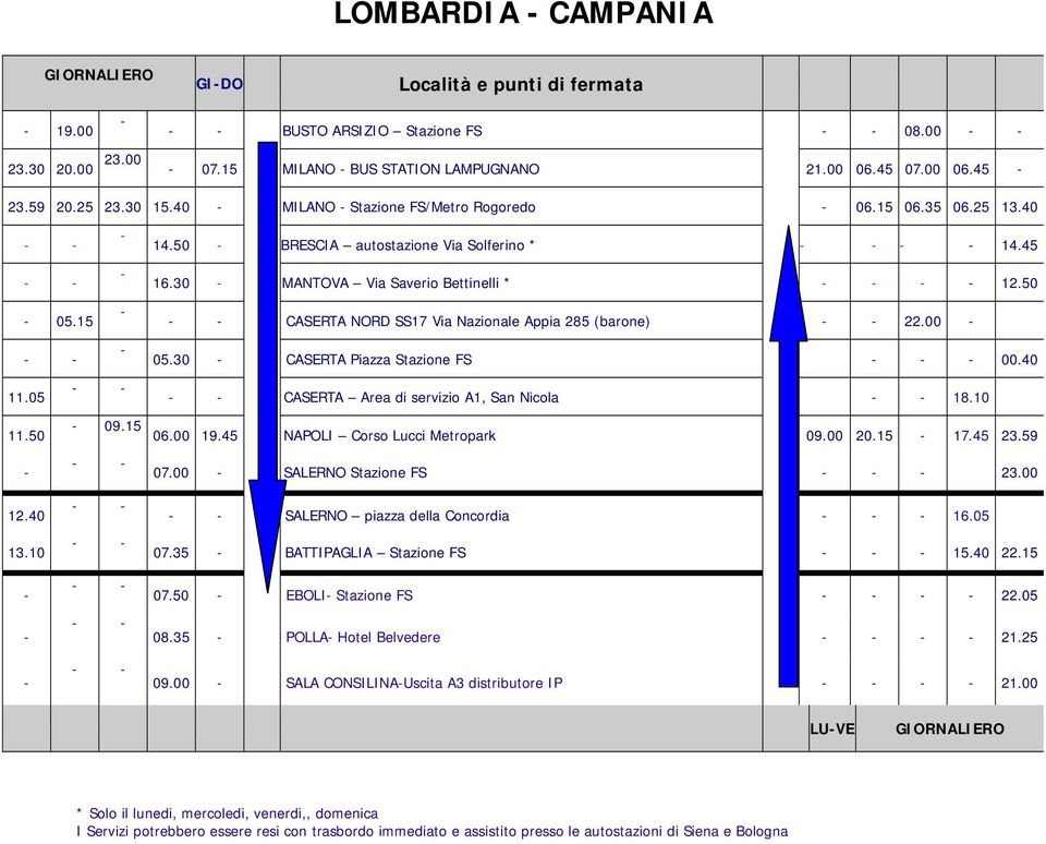 50 CASERTA NORD SS17 Via Nazionale Appia 285 (barone) 22.00 05.30 CASERTA Piazza Stazione FS 00.40 CASERTA Area di servizio A1, San Nicola 18.10 11.50 09.15 06.00 19.