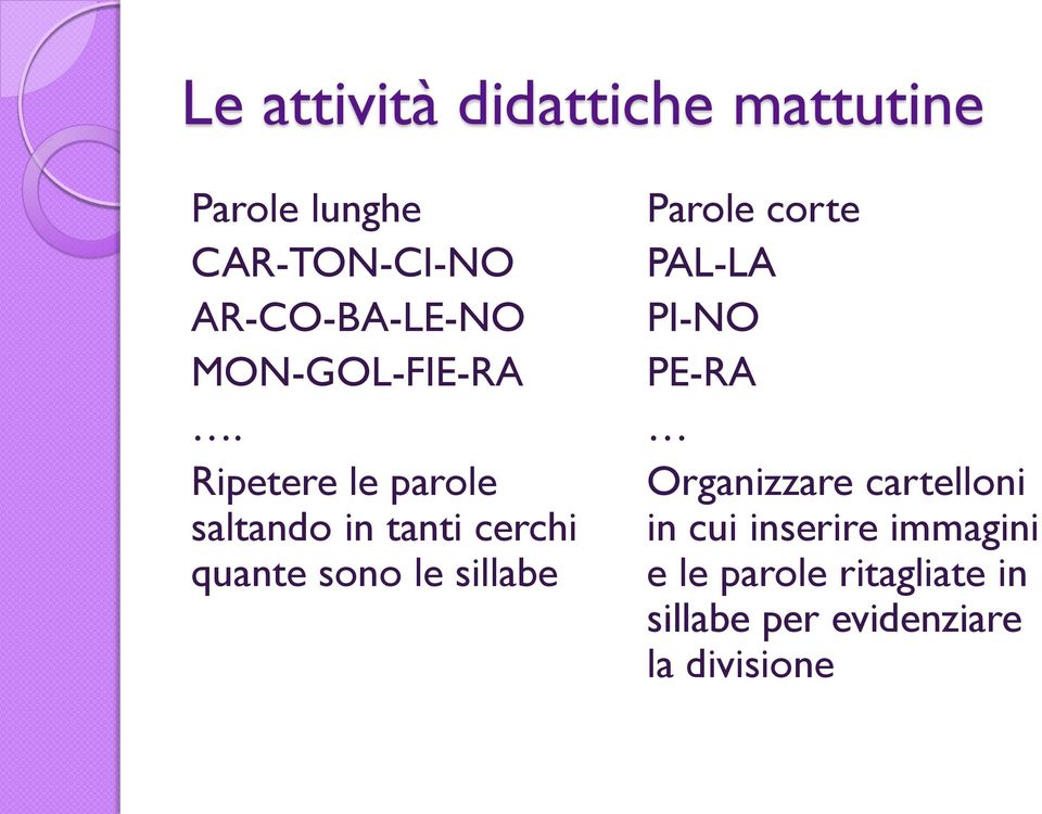 Ripetere le parole saltando in tanti cerchi quante sono le sillabe Parole