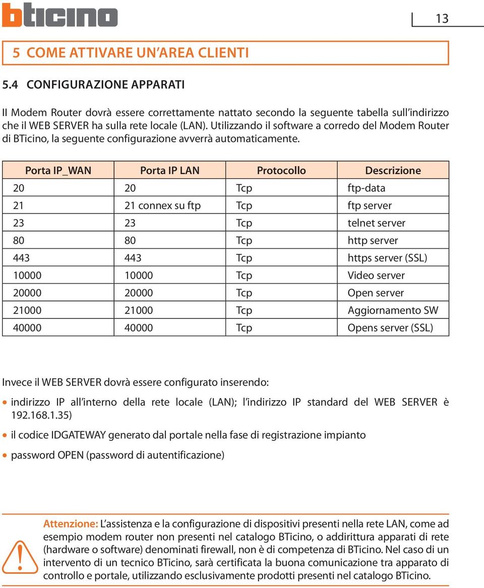 Utilizzando il software a corredo del Modem Router di BTicino, la seguente configurazione avverrà automaticamente.