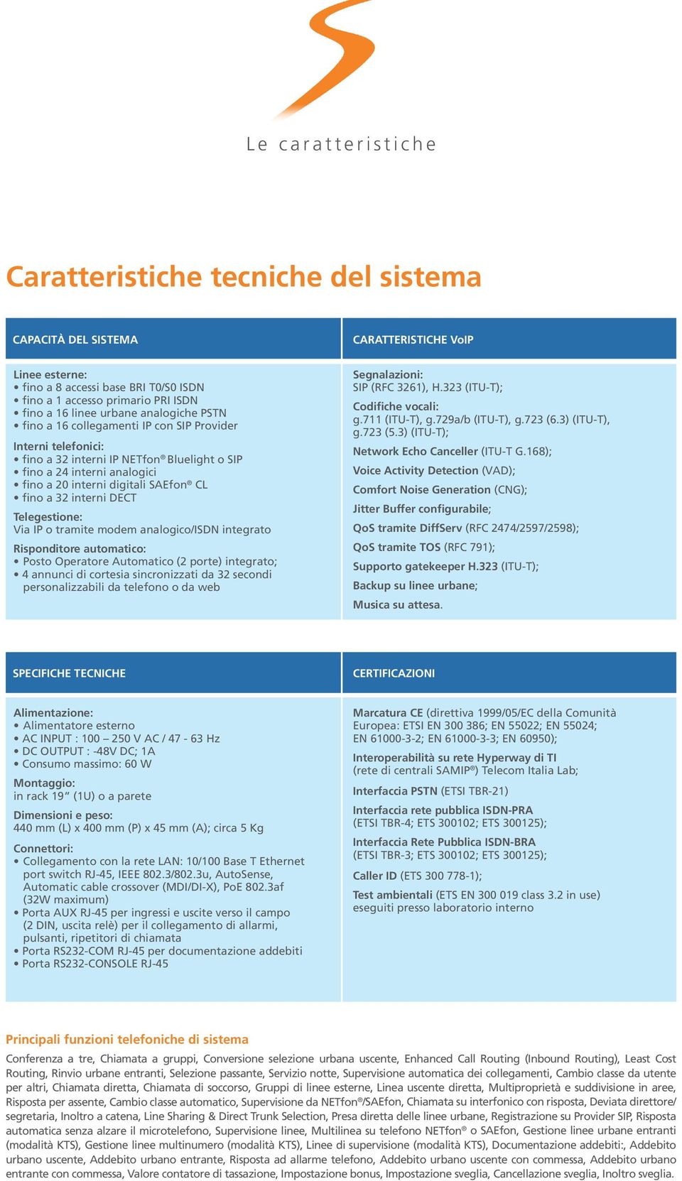 CL fino a 32 interni DECT Telegestione: Via IP o tramite modem analogico/isdn integrato Risponditore automatico: Posto Operatore Automatico (2 porte) integrato; 4 annunci di cortesia sincronizzati da