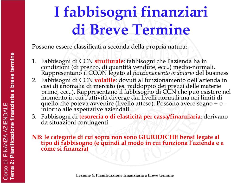 Rappresentano il CCON legato al funzionamento ordinario del business 2. Fabbisogni di CCN volatile: dovuti al funzionamento dell azienda in casi di anomalia di mercato (es.