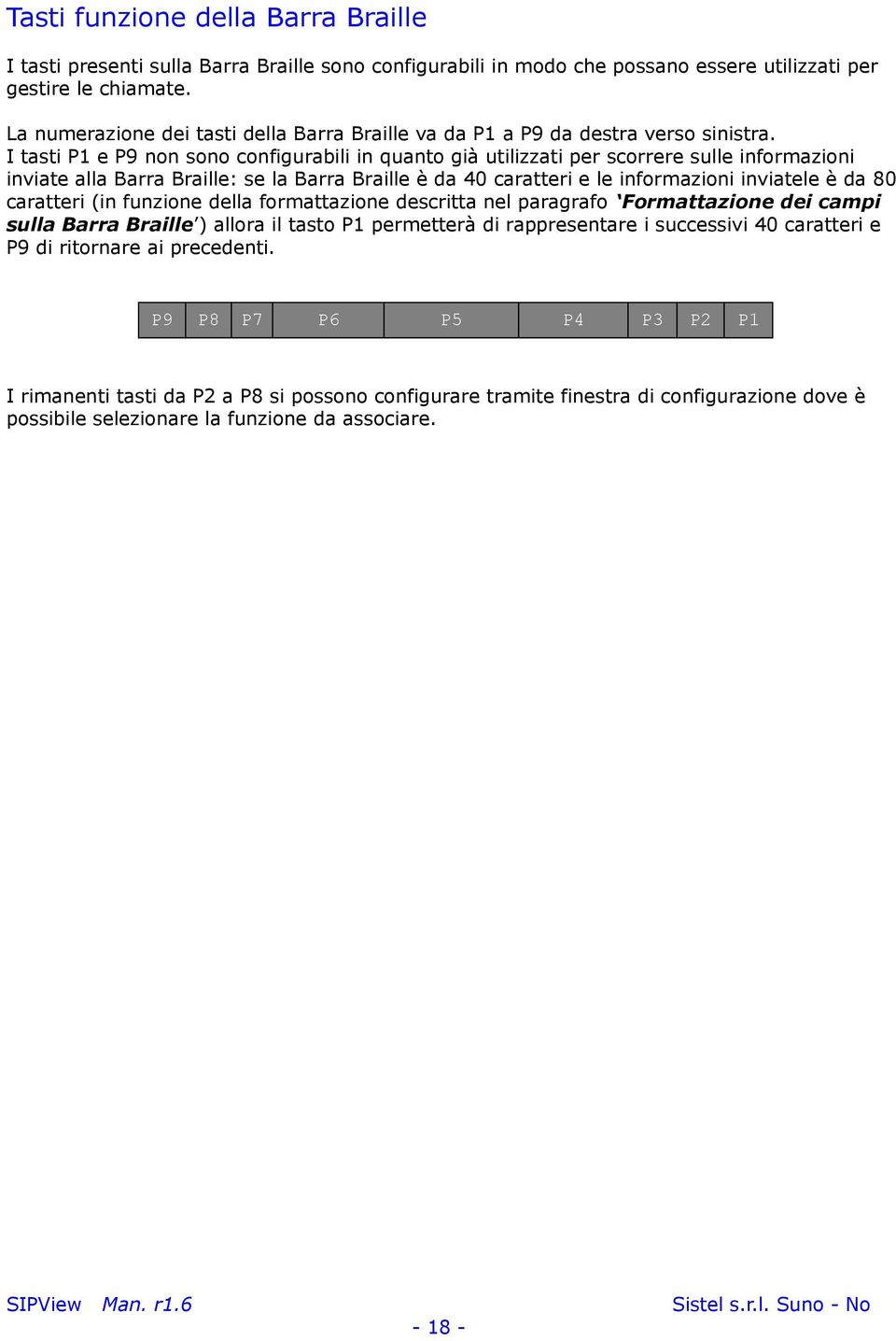 I tasti P1 e P9 non sono configurabili in quanto già utilizzati per scorrere sulle informazioni inviate alla Barra Braille: se la Barra Braille è da 40 caratteri e le informazioni inviatele è da 80