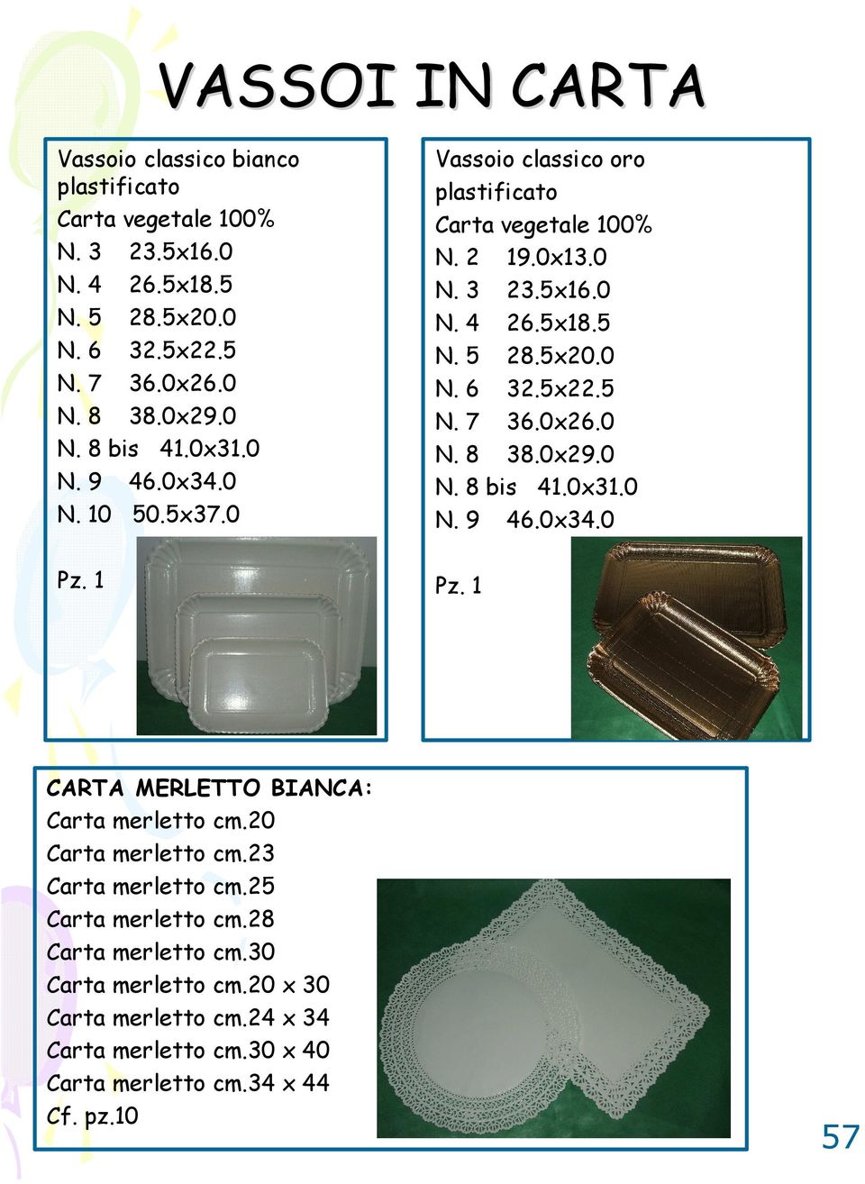 5x20.0 N. 6 32.5x22.5 N. 7 36.0x26.0 N. 8 38.0x29.0 N. 8 bis 41.0x31.0 N. 9 46.0x34.0 CARTA MERLETTO BIANCA: Carta merletto cm.20 Carta merletto cm.