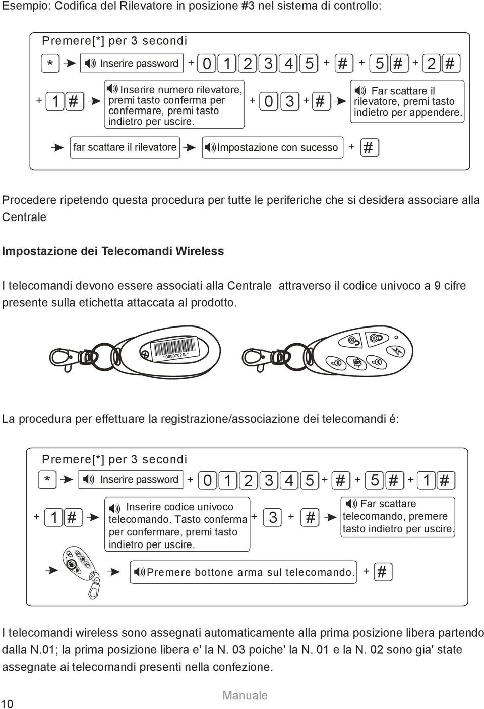 far scattare il rilevatore Impostazione con sucesso # Procedere ripetendo questa procedura per tutte le periferiche che si desidera associare alla Centrale Impostazione dei Telecomandi Wireless I