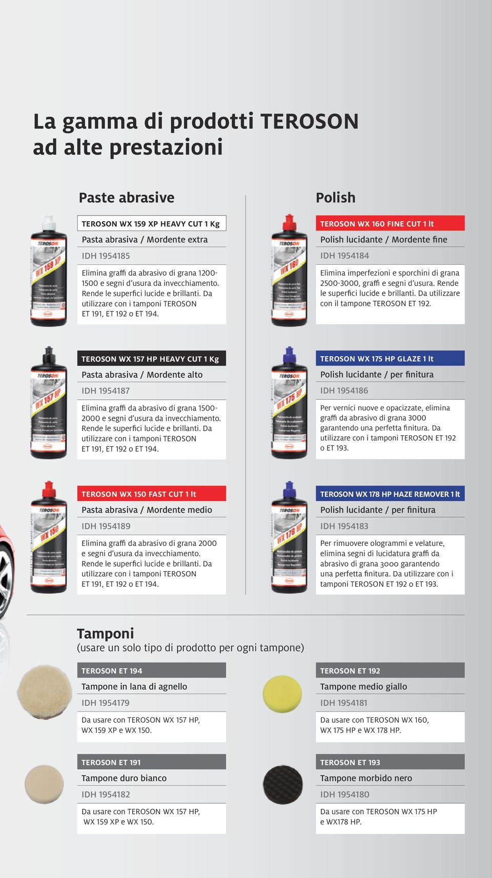 Polish TEROSON WX 160 FINE Cut 1 lt Polish lucidante / Mordente fine IDH 1954184 Elimina imperfezioni e sporchini di grana 2500-3000, graffi e segni d usura. Rende le superfici lucide e brillanti.