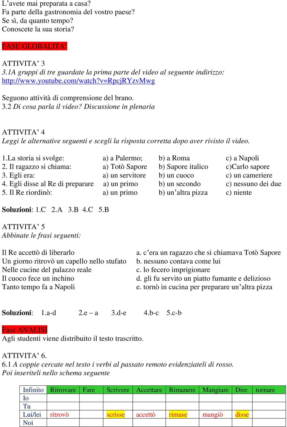 Discussione in plenaria ATTIVITA 4 Leggi le alternative seguenti e scegli la risposta corretta dopo aver rivisto il video. 1.La storia si svolge: a) a Palermo; b) a Roma c) a Napoli 2.