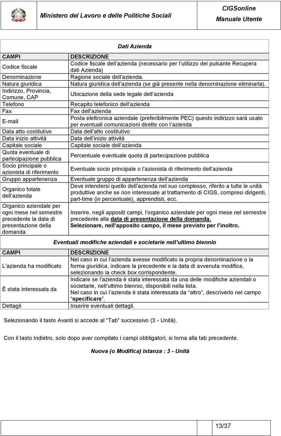 CAMPI L azienda ha modificato È stata interessata da Dettagli Dati Azienda DESCRIZIONE Codice fiscale dell azienda (necessario per l utilizzo del pulsante Recupera dati Azienda) Ragione sociale dell