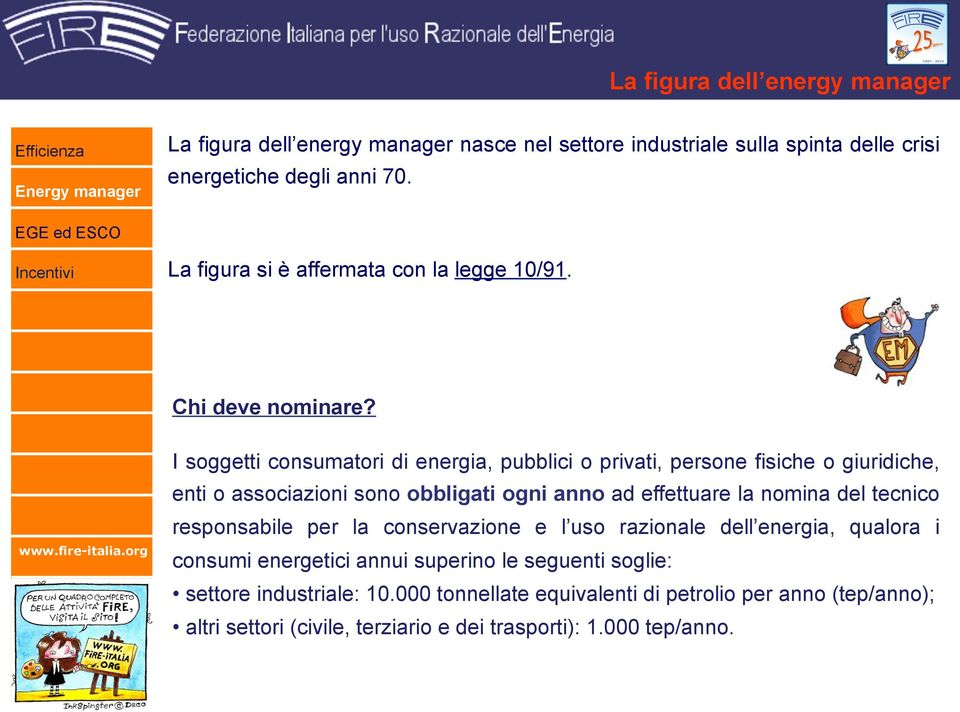 I soggetti consumatori di energia, pubblici o privati, persone fisiche o giuridiche, enti o associazioni sono obbligati ogni anno ad effettuare la nomina del