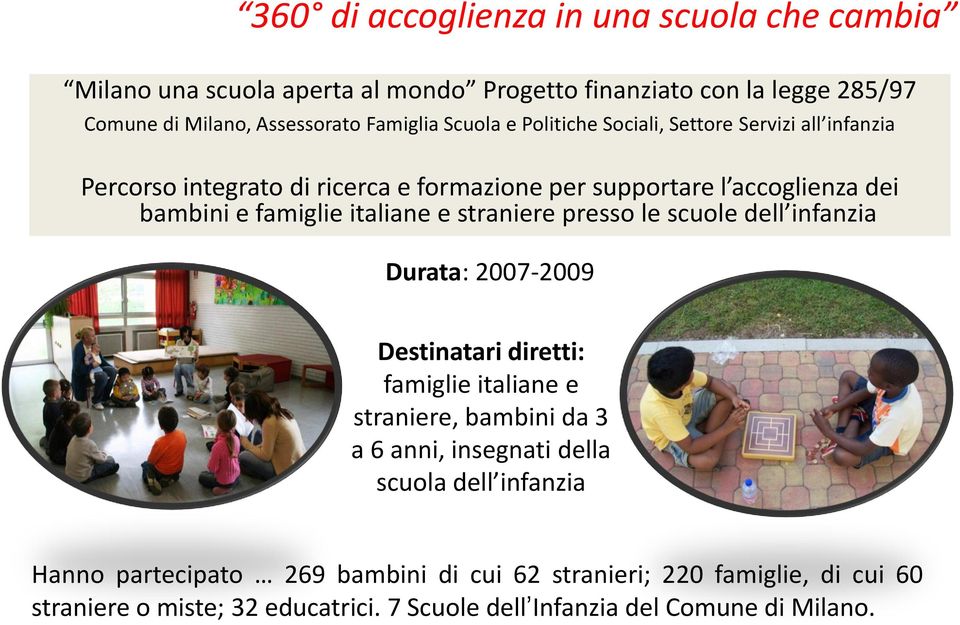 e straniere presso le scuole dell infanzia Durata: 2007-2009 Destinatari diretti: famiglie italiane e straniere, bambini da 3 a 6 anni, insegnati della scuola