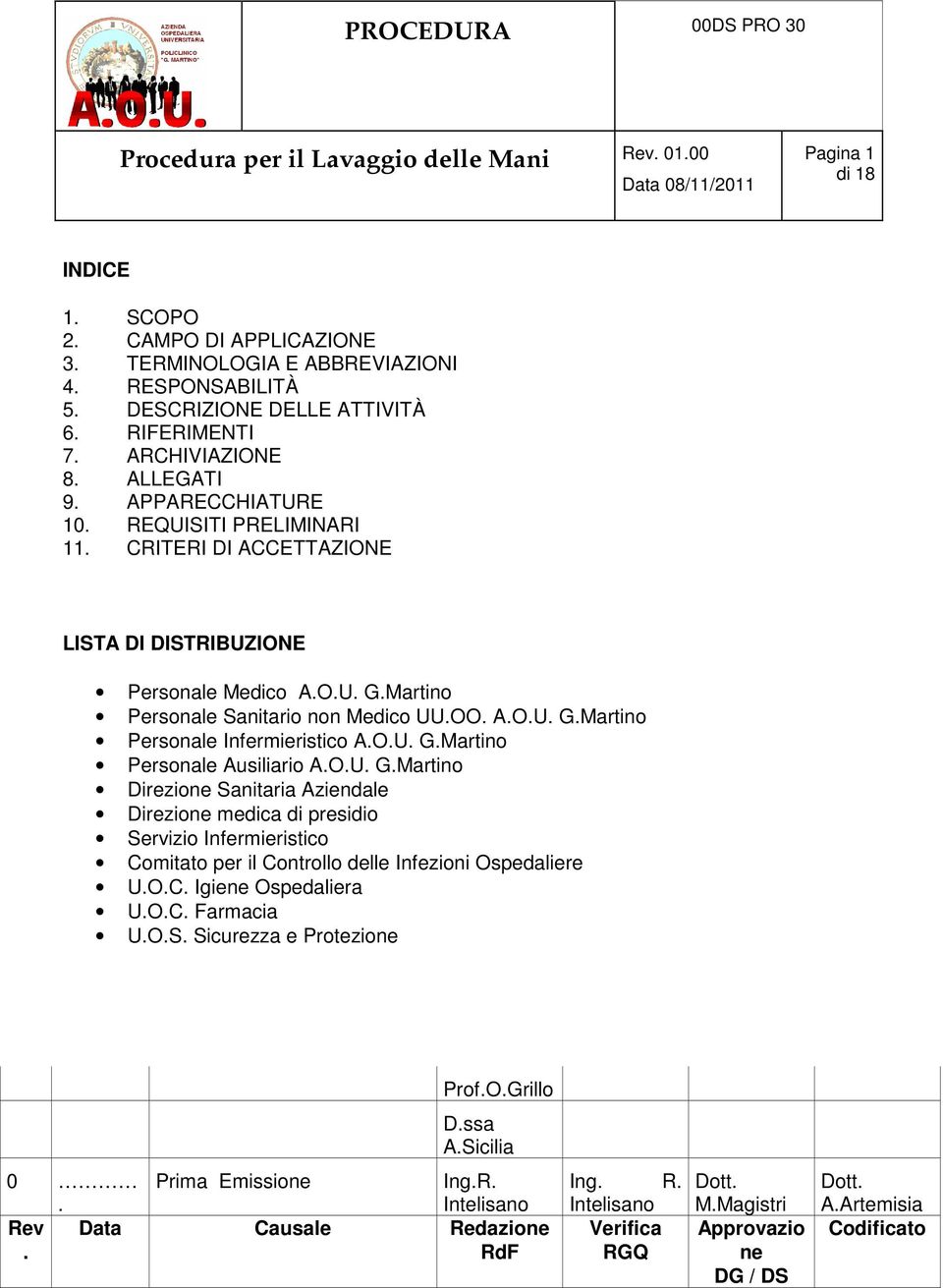 O.U. G.Martino Direzione Sanitaria Aziendale Direzione medica di presidio Servizio Infermieristico Comitato per il Controllo delle Infezioni Ospedaliere U.O.C. Igiene Ospedaliera U.O.C. Farmacia U.O.S. Sicurezza e Protezione Prof.