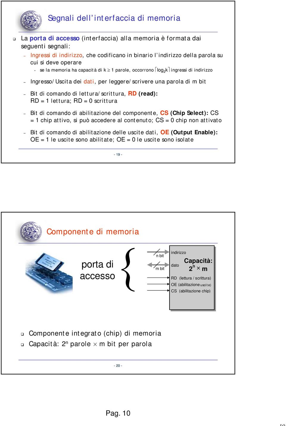 RD (read): RD = 1 lettura; RD = 0 scrittura Bit di comando di abilitazione del componente, CS (Chip Select): CS = 1 chip attivo, si può accedere al contenuto; CS = 0 chip non attivato Bit di comando