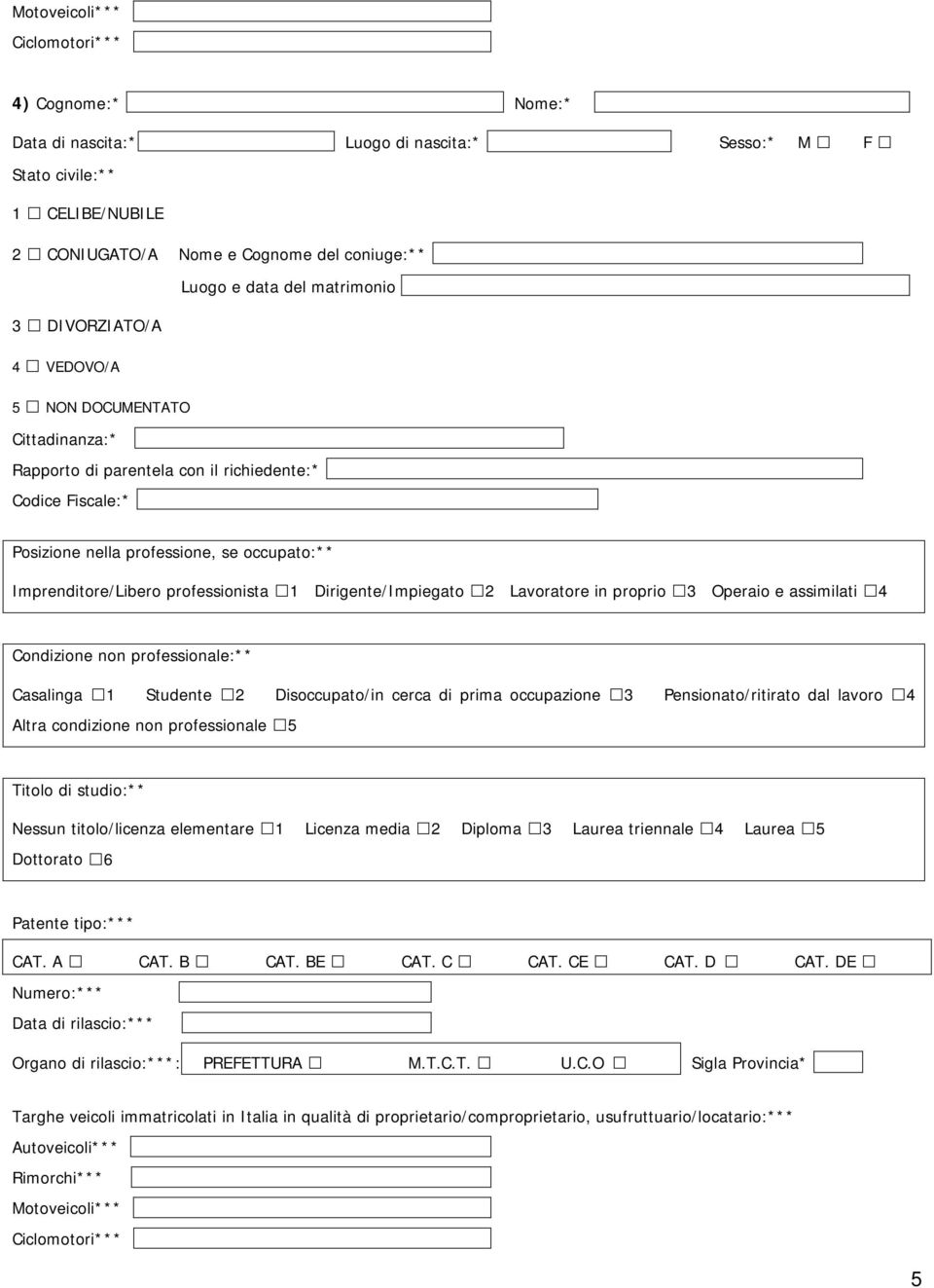 professionista 1 Dirigente/Impiegato 2 Lavoratore in proprio 3 Operaio e assimilati 4 Condizione non professionale:** Casalinga 1 Studente 2 Disoccupato/in cerca di prima occupazione 3