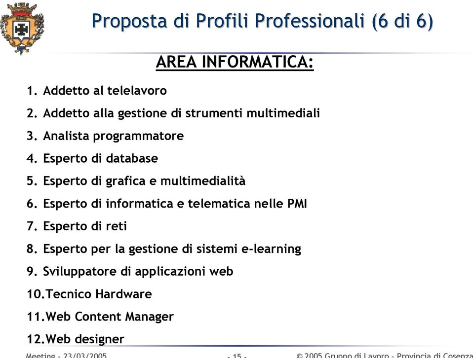 Esperto di grafica e multimedialità 6. Esperto di informatica e telematica nelle PMI 7. Esperto di reti 8.