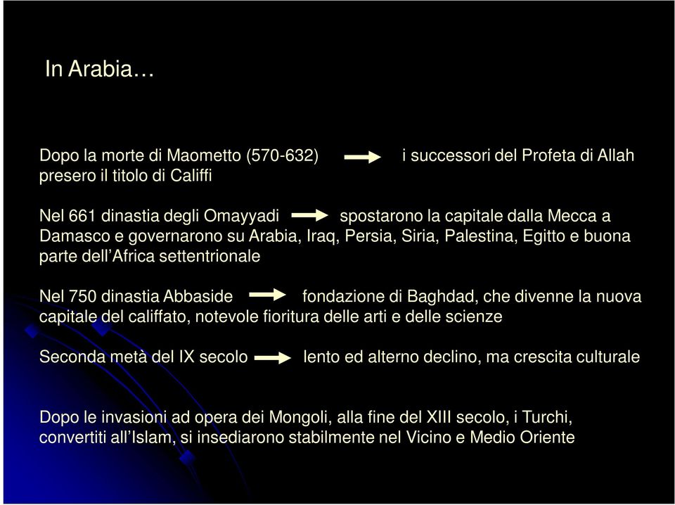 di Baghdad, che divenne la nuova capitale del califfato, notevole fioritura delle arti e delle scienze Seconda metà del IX secolo lento ed alterno declino, ma