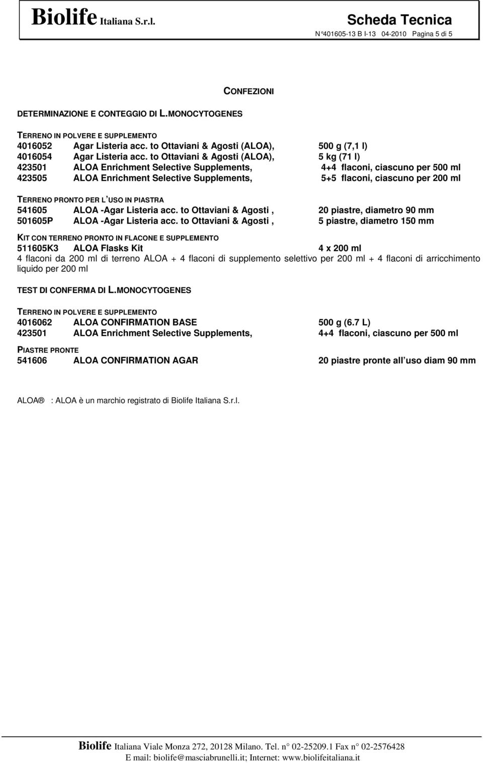 to Ottaviani & Agosti (ALOA), 5 kg (71 l) 423501 ALOA Enrichment Selective Supplements, 4+4 flaconi, ciascuno per 500 ml 423505 ALOA Enrichment Selective Supplements, 5+5 flaconi, ciascuno per 200 ml