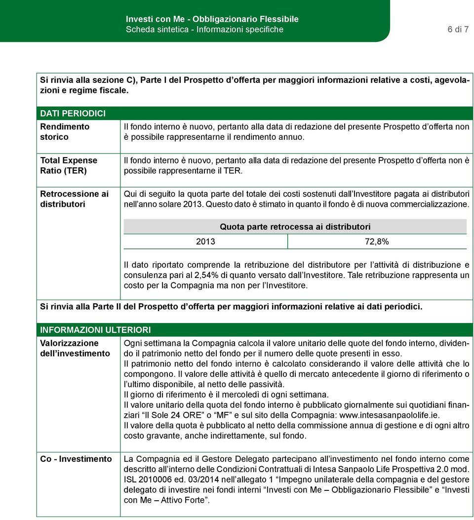 rappresentarne il rendimento annuo. Il fondo interno è nuovo, pertanto alla data di redazione del presente Prospetto d offerta non è possibile rappresentarne il TER.