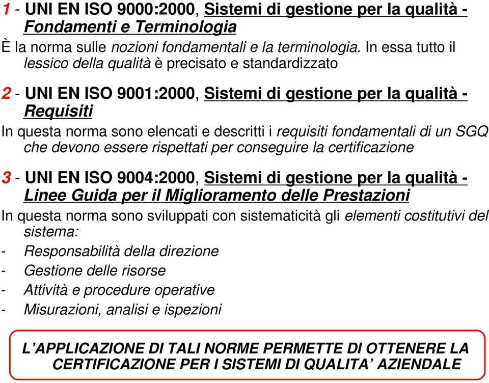 fondamentali di un SGQ che devono essere rispettati per conseguire la certificazione 3 - UNI EN ISO 9004:2000, Sistemi di gestione per la qualità - Linee Guida per il Miglioramento delle Prestazioni