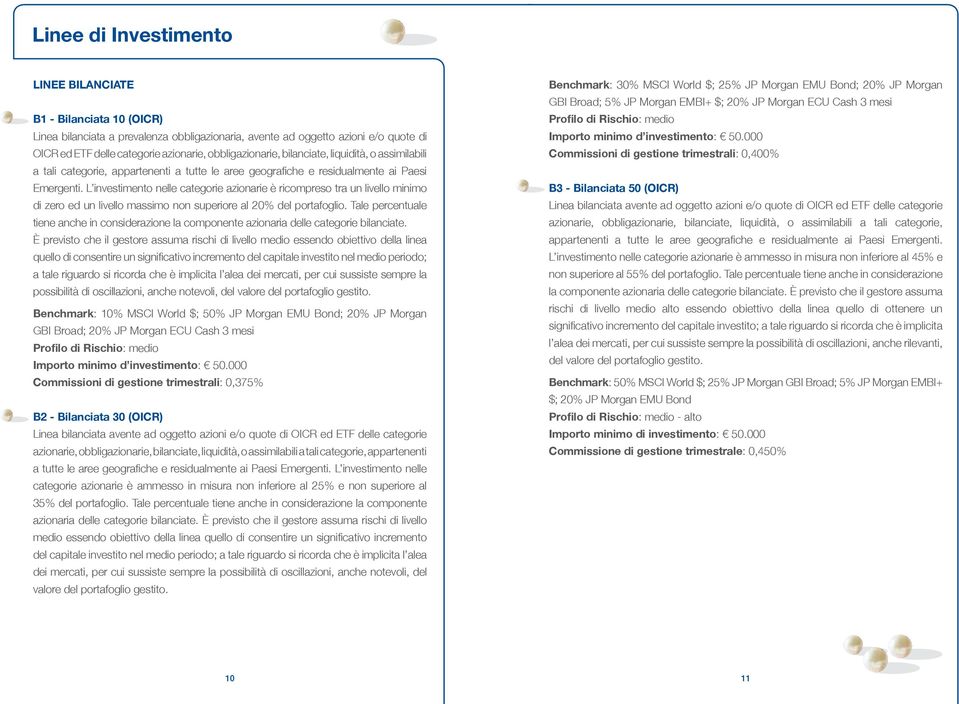 L investimento nelle categorie azionarie è ricompreso tra un livello minimo di zero ed un livello massimo non superiore al 20% del portafoglio.