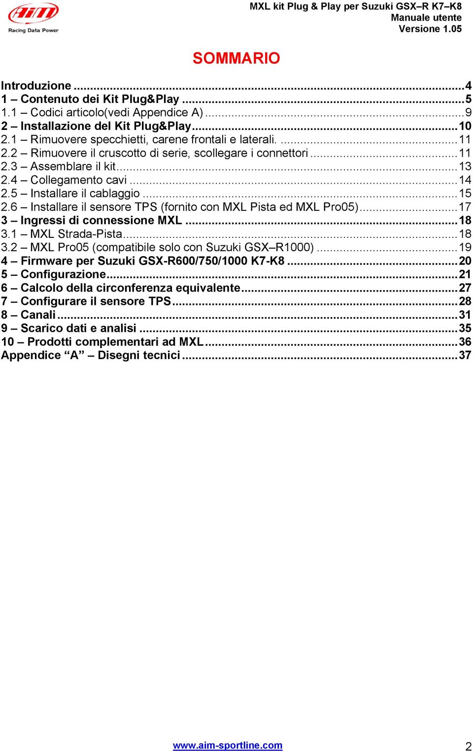6 Installare il sensore TPS (fornito con MXL Pista ed MXL Pro05)... 7 Ingressi di connessione MXL... 8. MXL Strada-Pista... 8. MXL Pro05 (compatibile solo con Suzuki GSX R000).