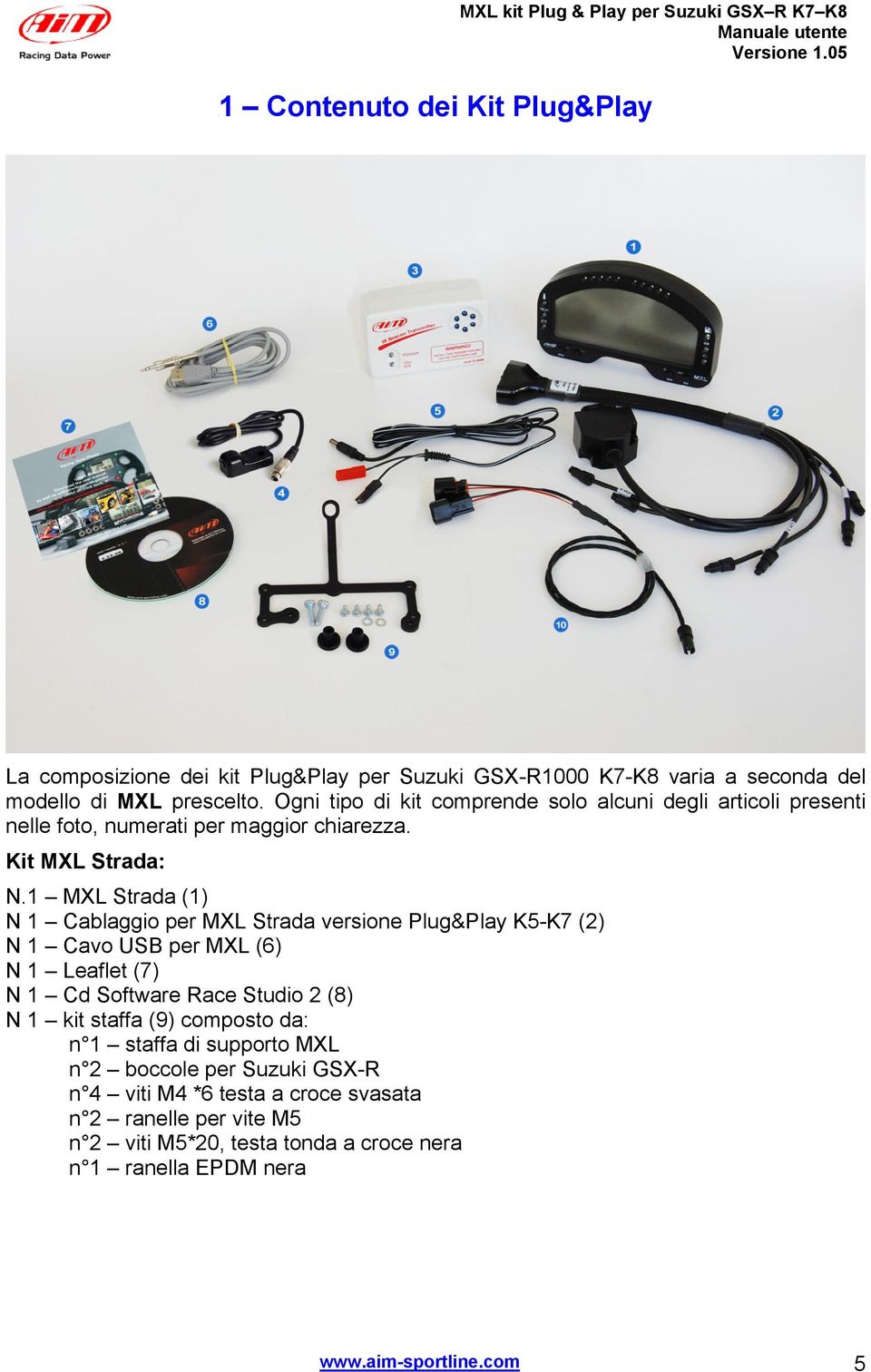 MXL Strada () N Cablaggio per MXL Strada versione Plug&Play K5-K7 () N Cavo USB per MXL (6) N Leaflet (7) N Cd Software Race Studio (8) N kit staffa (9)