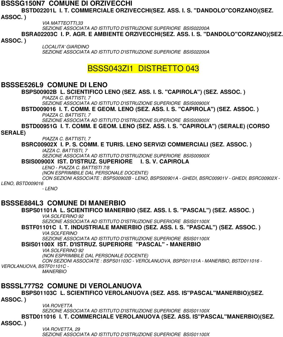 BATTISTI, 7 BSRC00902X I. P. S. COMM. E TURIS. LENO SERVIZI COMMERCIALI (SEZ. IAZZA C. BATTISTI, 7 BSIS00900X IST. D'ISTRUZ. SUPERIORE I. S. V. CAPIROLA LENO - PIAZZA C.